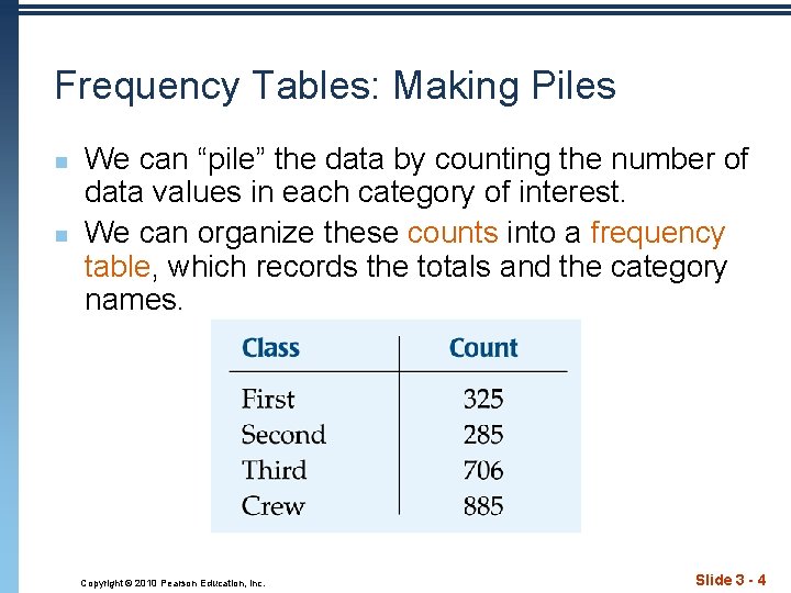 Frequency Tables: Making Piles n n We can “pile” the data by counting the