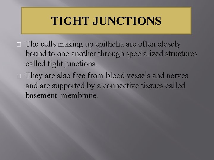 TIGHT JUNCTIONS � � The cells making up epithelia are often closely bound to