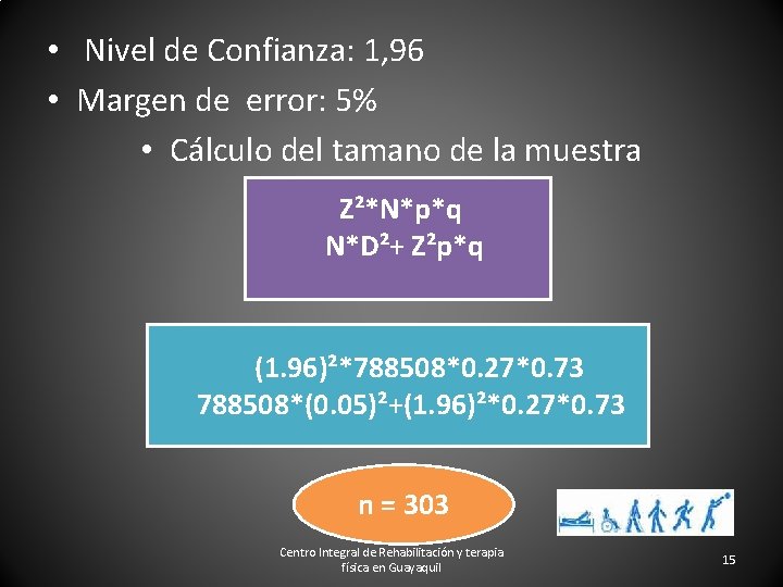  • Nivel de Confianza: 1, 96 • Margen de error: 5% • Cálculo