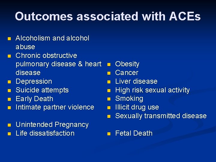 Outcomes associated with ACEs Alcoholism and alcohol abuse Chronic obstructive pulmonary disease & heart