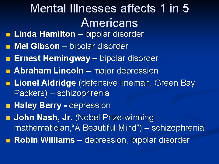 Mental Illnesses affects 1 in 5 Americans Linda Hamilton – bipolar disorder Mel Gibson