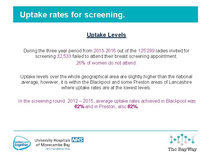 Uptake rates for screening. Uptake Levels During the three year period from 2013 -2016