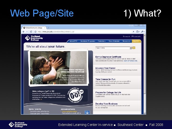 Web Page/Site 1) What? Extended Learning Center In-service ■ Southeast Center ■ Fall 2008