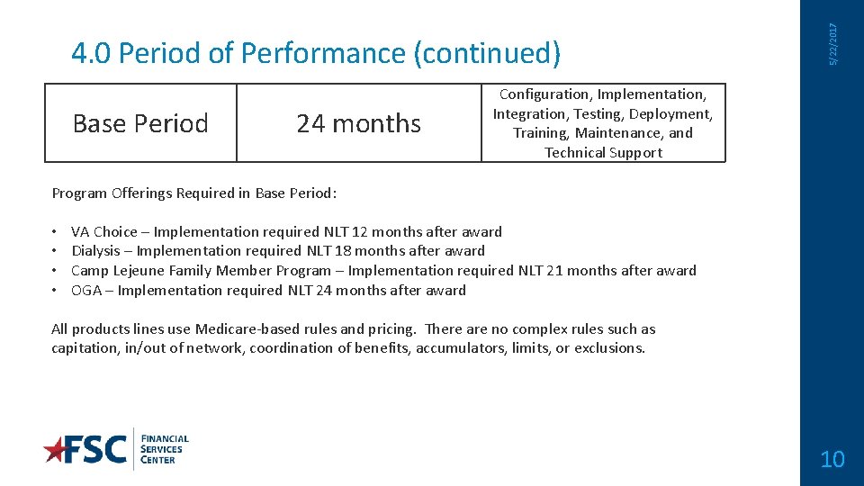 Base Period 24 months 5/22/2017 4. 0 Period of Performance (continued) Configuration, Implementation, Integration,