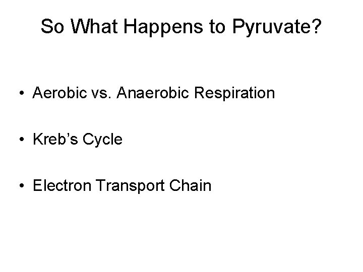 So What Happens to Pyruvate? • Aerobic vs. Anaerobic Respiration • Kreb’s Cycle •