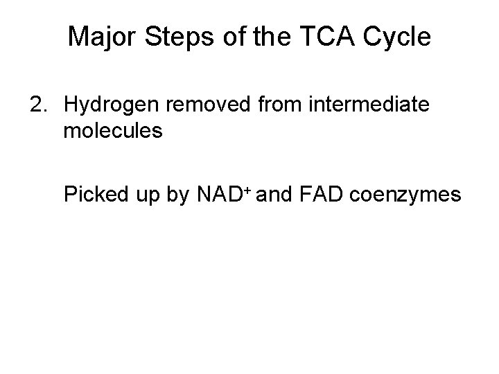 Major Steps of the TCA Cycle 2. Hydrogen removed from intermediate molecules Picked up