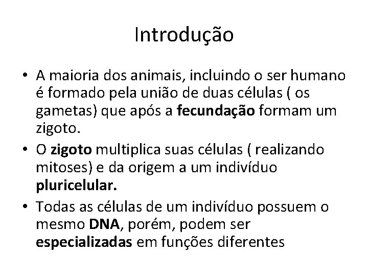 Introdução • A maioria dos animais, incluindo o ser humano é formado pela união