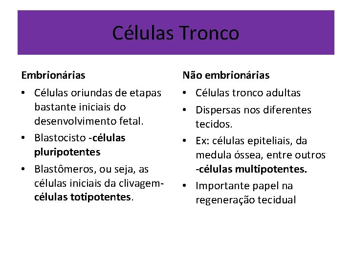 Células Tronco Embrionárias Não embrionárias • Células oriundas de etapas bastante iniciais do desenvolvimento
