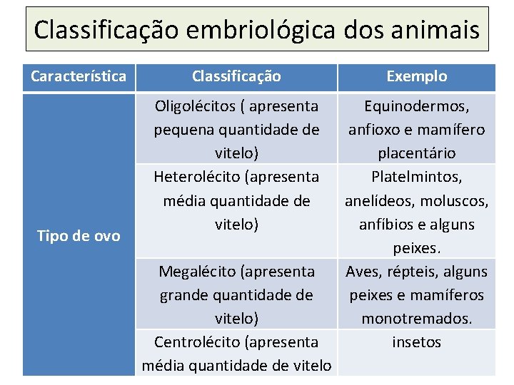 Classificação embriológica dos animais Característica Tipo de ovo Classificação Exemplo Oligolécitos ( apresenta pequena