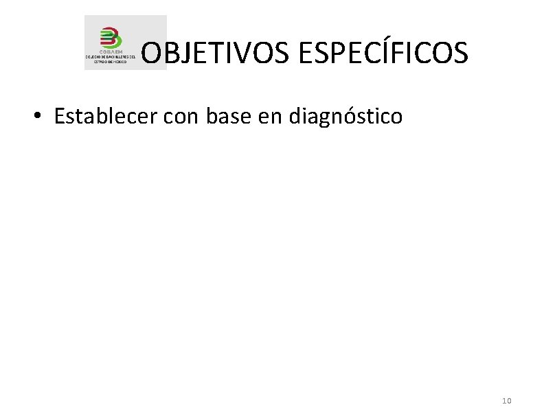 OBJETIVOS ESPECÍFICOS • Establecer con base en diagnóstico 10 