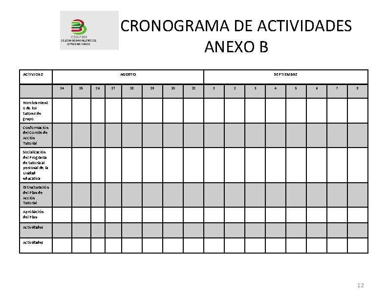 CRONOGRAMA DE ACTIVIDADES ANEXO B ACTIVIDAD AGOSTO 14 15 16 17 18 SEPTIEMBRE 19