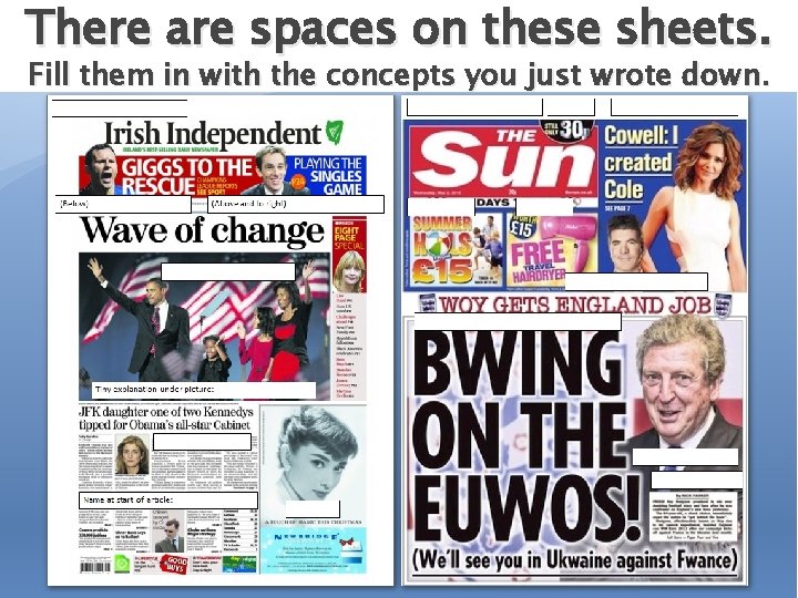 There are spaces on these sheets. Fill them in with the concepts you just