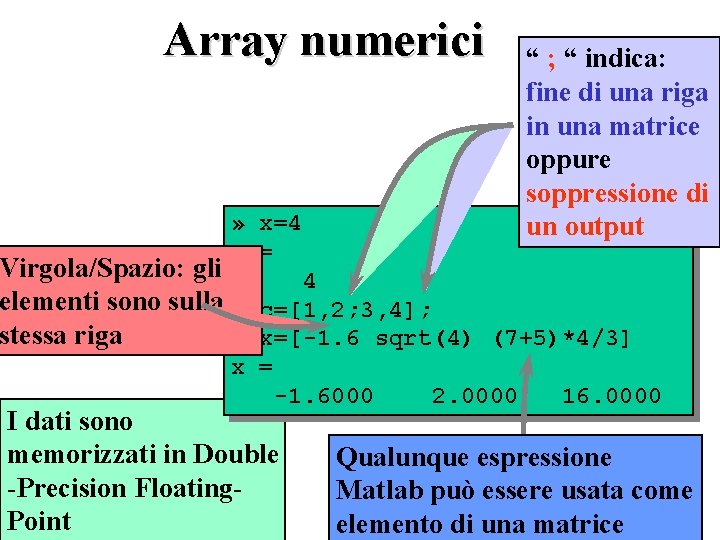 Array numerici » x=4 x = “ ; “ indica: fine di una riga