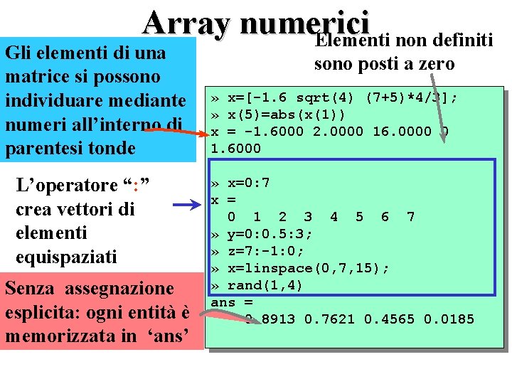 Array numerici Elementi non definiti Gli elementi di una matrice si possono individuare mediante
