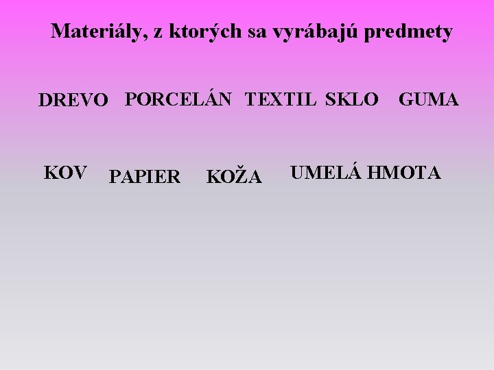 Materiály, z ktorých sa vyrábajú predmety DREVO PORCELÁN TEXTIL SKLO KOV PAPIER KOŽA GUMA