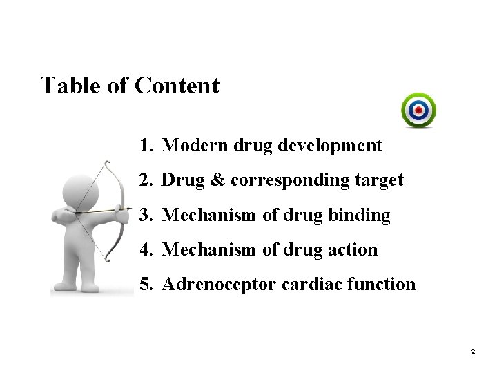 Table of Content 1. Modern drug development 2. Drug & corresponding target 3. Mechanism