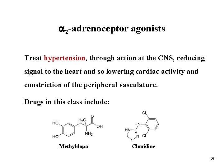 2 -adrenoceptor agonists Treat hypertension, through action at the CNS, reducing signal to