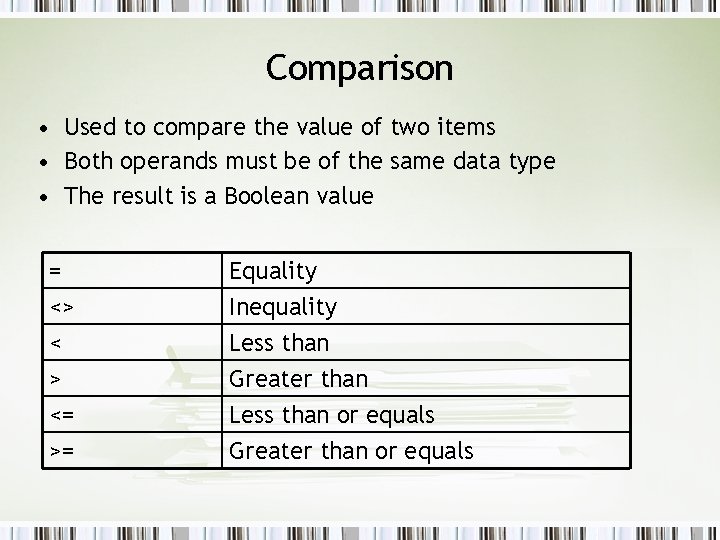 Comparison • Used to compare the value of two items • Both operands must