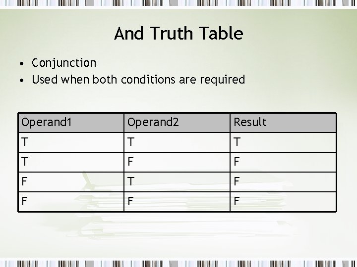 And Truth Table • Conjunction • Used when both conditions are required Operand 1