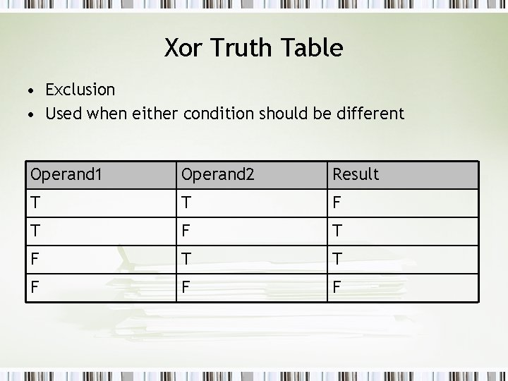 Xor Truth Table • Exclusion • Used when either condition should be different Operand