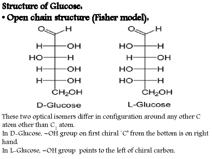 Structure of Glucose: • Open chain structure (Fisher model): These two optical isomers differ