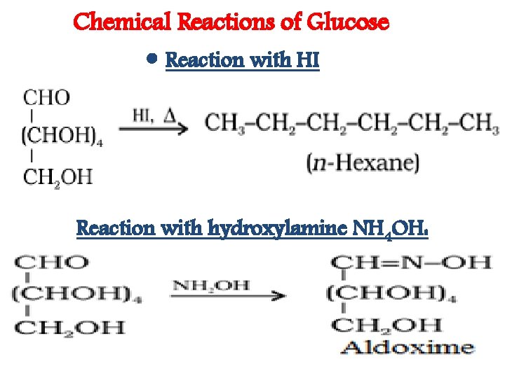 Chemical Reactions of Glucose • Reaction with HI Reaction with hydroxylamine NH 4 OH: