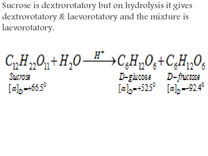 Sucrose is dextrorotatory but on hydrolysis it gives dextrorotatory & laevorotatory and the mixture