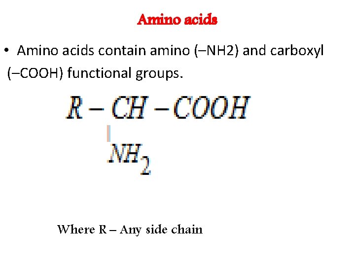 Amino acids • Amino acids contain amino (–NH 2) and carboxyl (–COOH) functional groups.