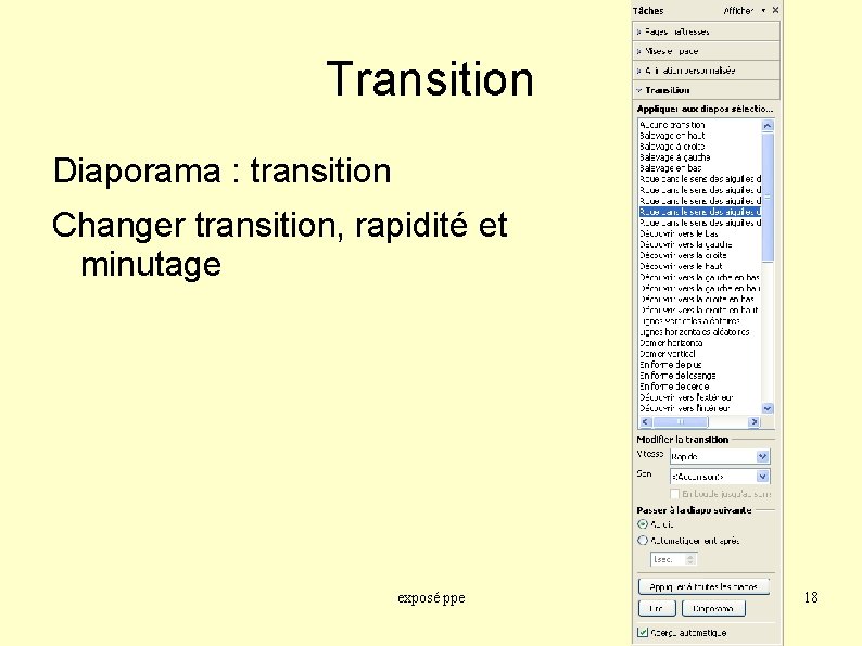 Transition Diaporama : transition Changer transition, rapidité et minutage exposé ppe 18 