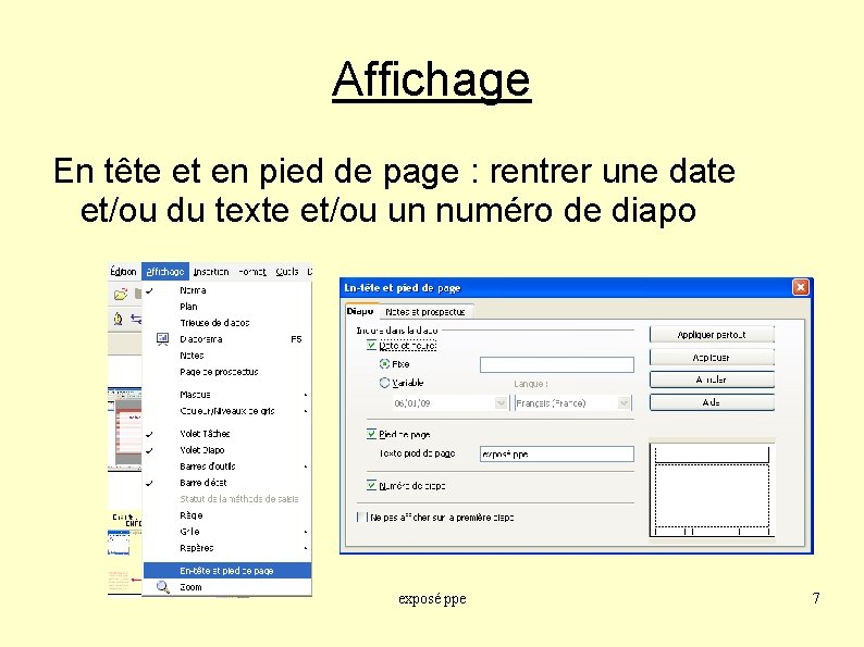 Affichage En tête et en pied de page : rentrer une date et/ou du