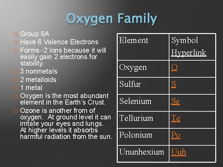 Oxygen Family � � � � Group 6 A Have 6 Valence Electrons Forms