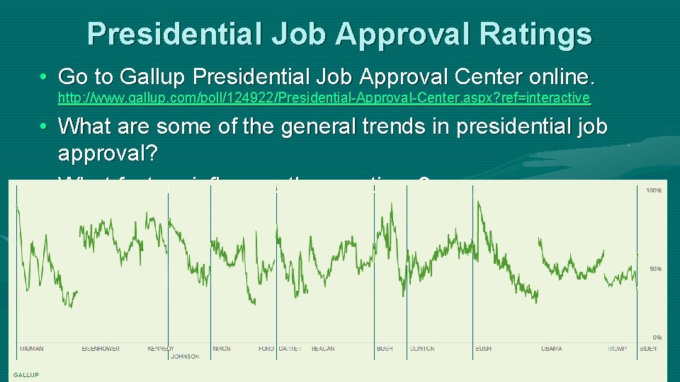 Presidential Job Approval Ratings • Go to Gallup Presidential Job Approval Center online. http: