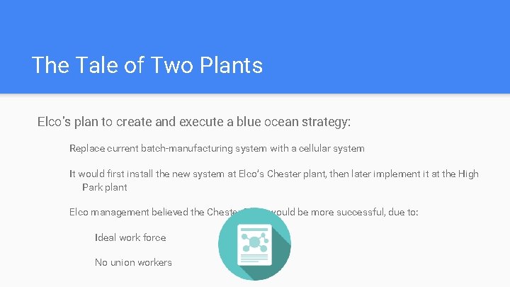 The Tale of Two Plants Elco’s plan to create and execute a blue ocean