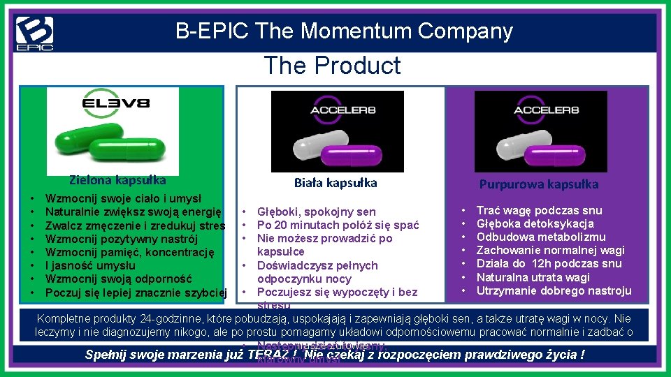 B-EPIC The Momentum Company The Product Zielona kapsułka • • Wzmocnij swoje ciało i