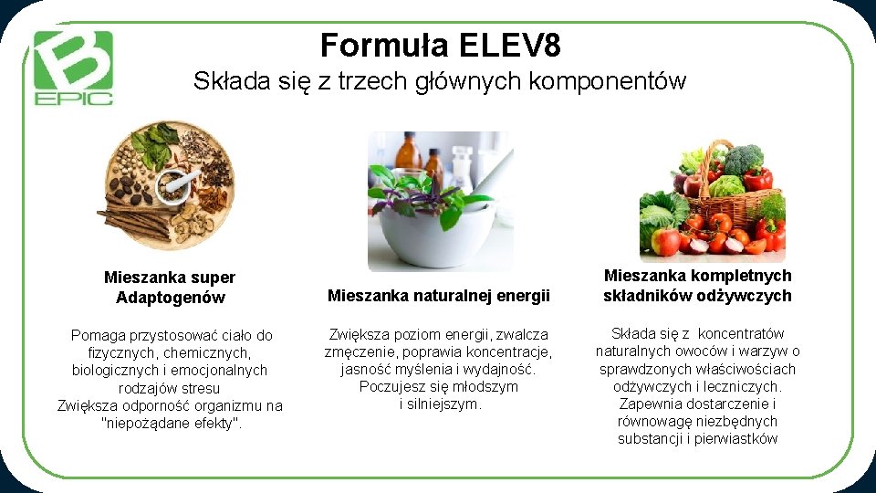 Formuła ELEV 8 Składa się z trzech głównych komponentów Mieszanka super Adaptogenów Pomaga przystosować