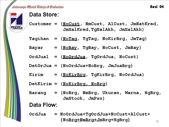 Sesi 04 Data Store: Customer = (No. Cust, Nm. Cust, Al. Cust, Jm. Nat.