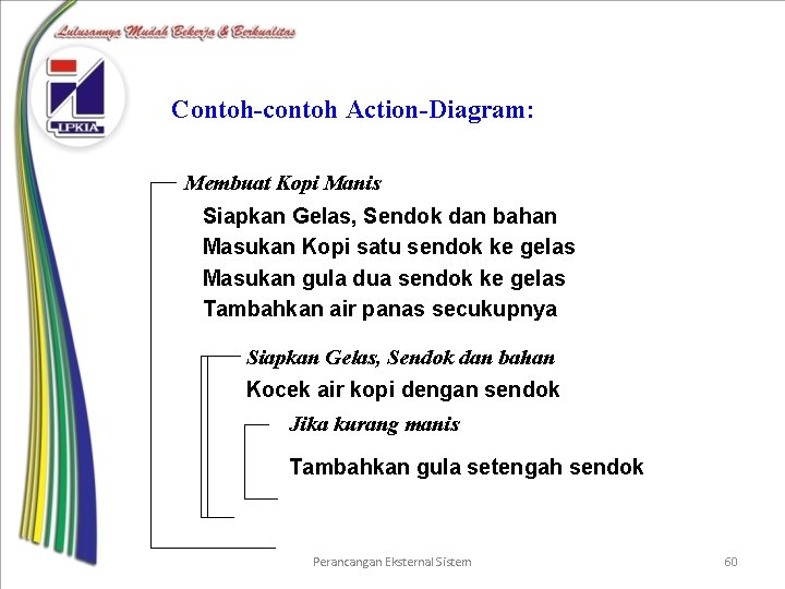 Contoh-contoh Action-Diagram: Membuat Kopi Manis Siapkan Gelas, Sendok dan bahan Masukan Kopi satu sendok