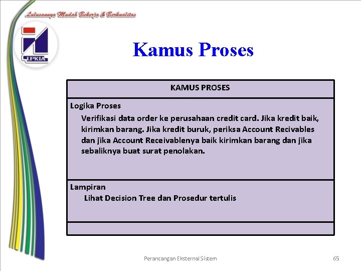 Kamus Proses KAMUS PROSES Logika Proses Verifikasi data order ke perusahaan credit card. Jika