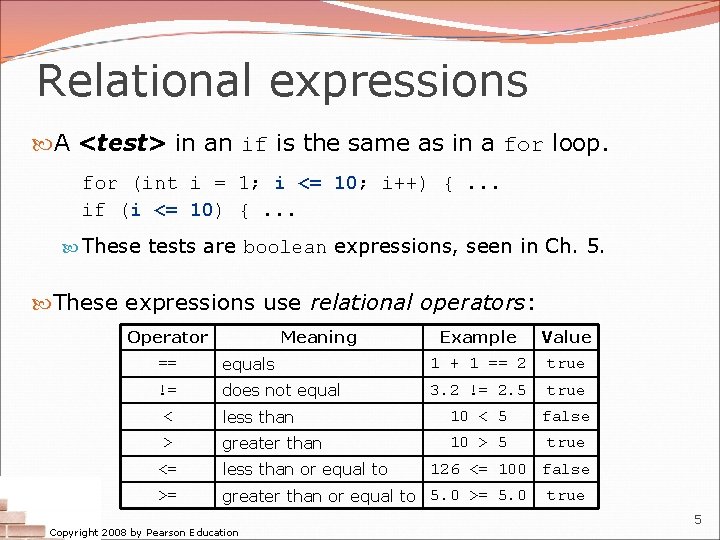 Relational expressions A <test> in an if is the same as in a for Relational expressions A <test> in an if is the same as in a for