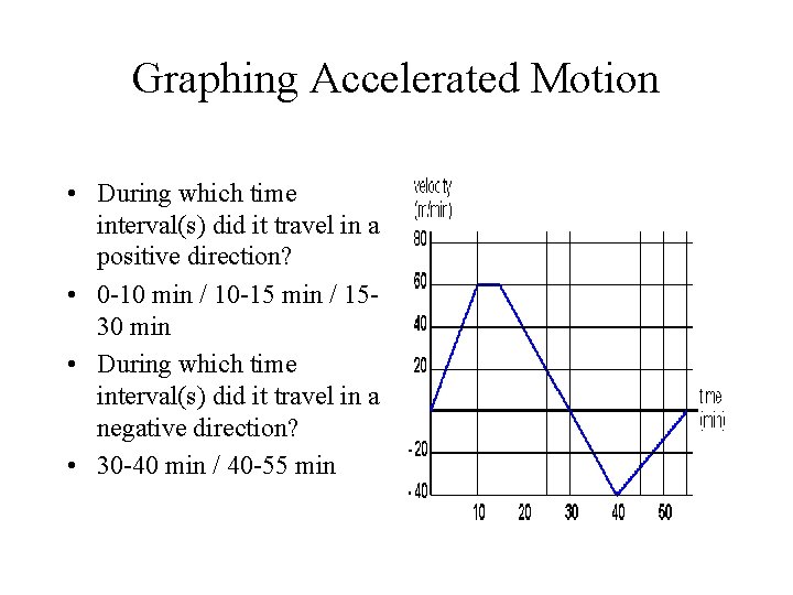 Graphing Accelerated Motion • During which time interval(s) did it travel in a positive