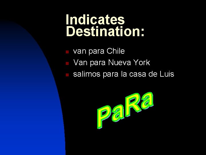 Indicates Destination: n n n van para Chile Van para Nueva York salimos para