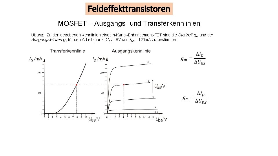 Feldeffekttransistoren MOSFET – Ausgangs- und Transferkennlinien Übung: Zu den gegebenen Kennlinien eines n-Kanal-Enhancement-FET sind