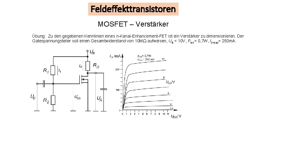 Feldeffekttransistoren MOSFET – Verstärker Übung: Zu den gegebenen Kennlinien eines n-Kanal-Enhancement-FET ist ein Verstärker