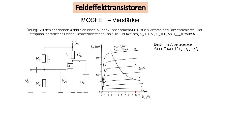 Feldeffekttransistoren MOSFET – Verstärker Übung: Zu den gegebenen Kennlinien eines n-Kanal-Enhancement-FET ist ein Verstärker