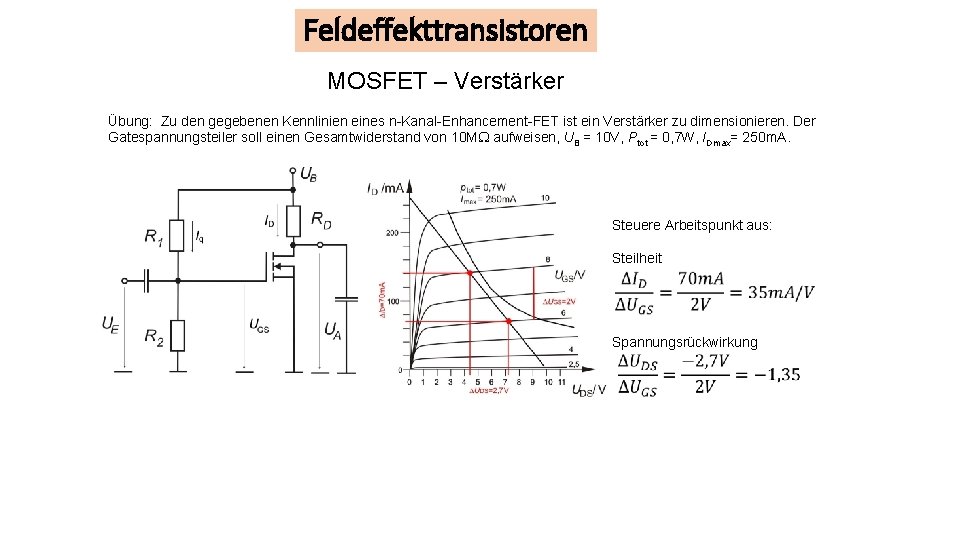 Feldeffekttransistoren MOSFET – Verstärker Übung: Zu den gegebenen Kennlinien eines n-Kanal-Enhancement-FET ist ein Verstärker