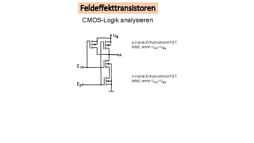 Feldeffekttransistoren CMOS-Logik analysieren p-Kanal-Enhancement-FET leitet, wenn UGS<Ut. Ep n-Kanal-Enhancement-FET leitet, wenn UGS>Ut. En 