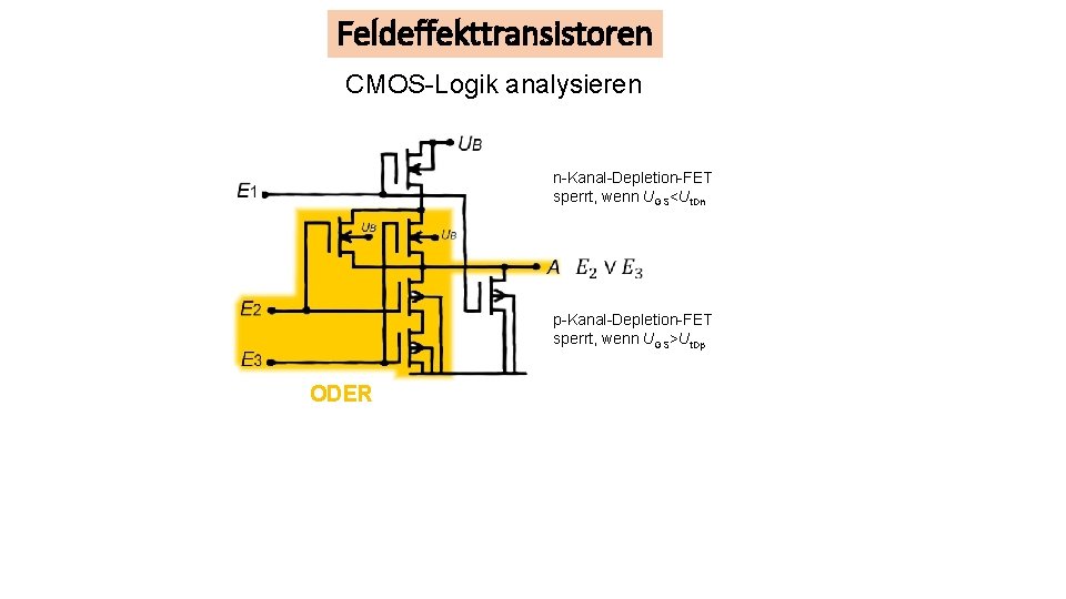 Feldeffekttransistoren CMOS-Logik analysieren n-Kanal-Depletion-FET sperrt, wenn UGS<Ut. Dn p-Kanal-Depletion-FET sperrt, wenn UGS>Ut. Dp ODER