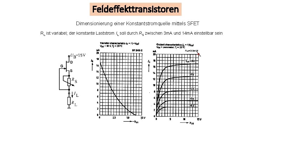 Feldeffekttransistoren Dimensionierung einer Konstantstromquelle mittels SFET RL ist variabel; der konstante Laststrom IL soll