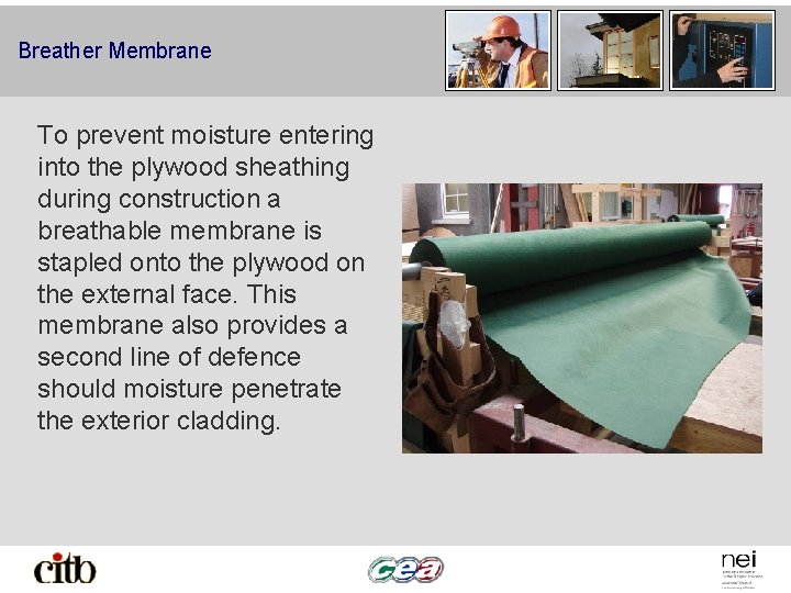 Breather Membrane To prevent moisture entering into the plywood sheathing during construction a breathable