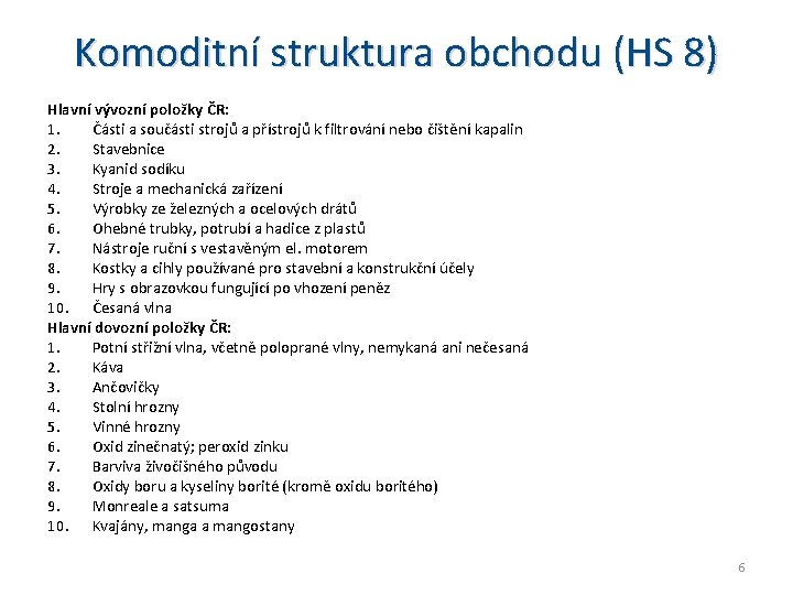Komoditní struktura obchodu (HS 8) Hlavní vývozní položky ČR: 1. Části a součásti strojů